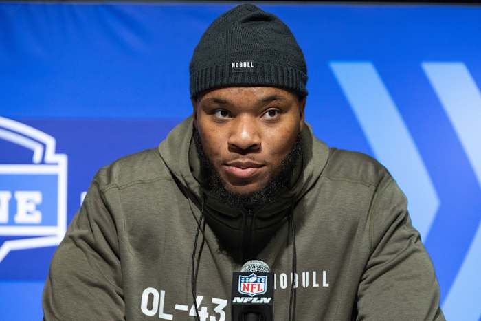 Alabama offensive lineman Tyler Steen (OL43) speaks to the press at the NFL Combine at Lucas Oil Stadium.